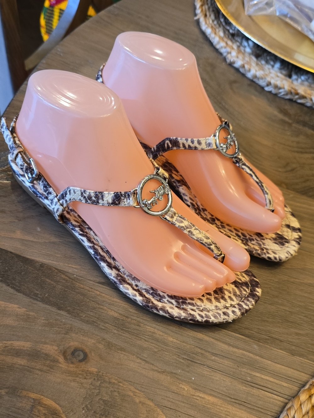 Coach Snake-Print Thong Sandals in Brown and Cream with Gold Logo